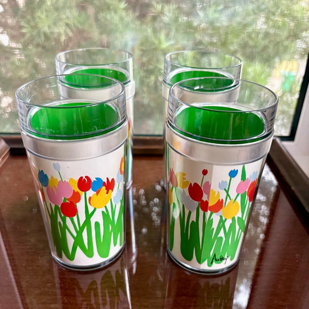 Vintage Thermo-Serv Audrey  Spring Tulip Floral Acrylic Tumblers Set of 4